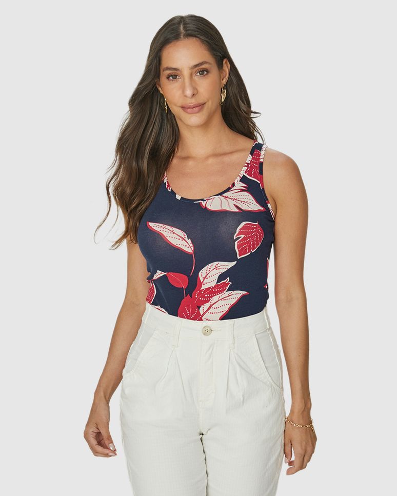 Regata Feminina Decote Redondo Estampada Em Viscose Stretch