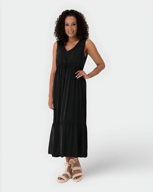 Vestido Midi Feminino Evasê Amarração Funcional Em Viscose