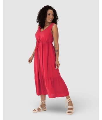 Vestido Midi Feminino Evasê Amarração Funcional Em Viscose