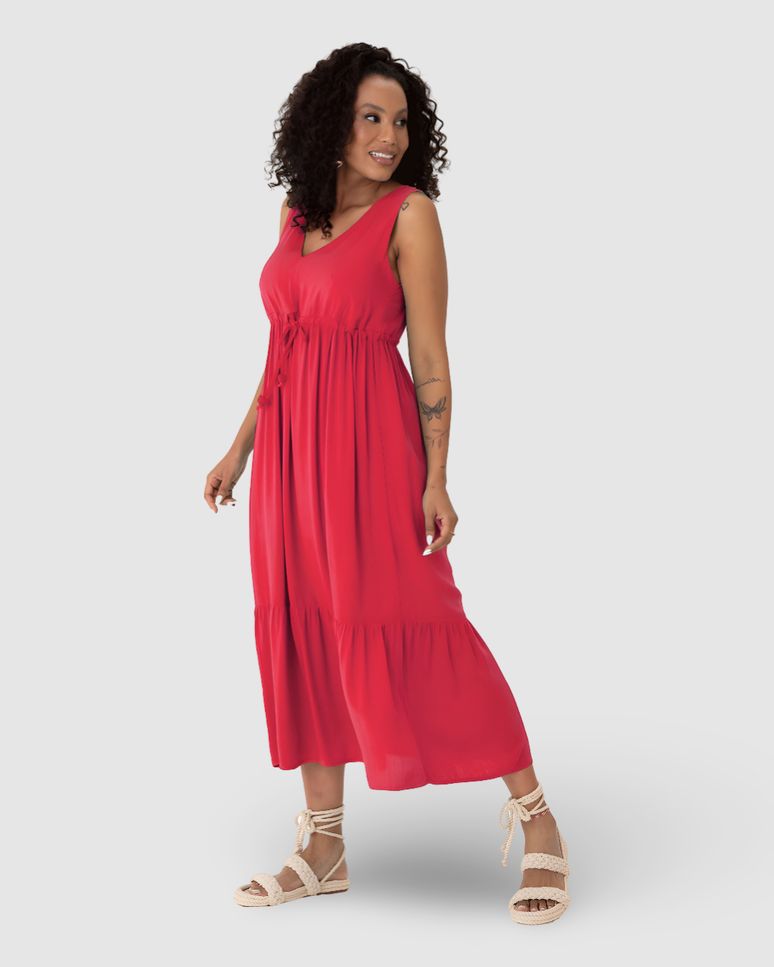 Vestido Midi Feminino Evasê Amarração Funcional Em Viscose