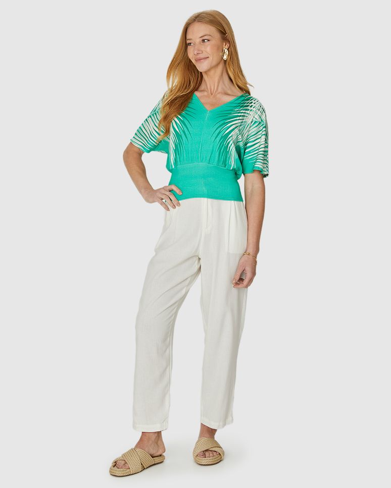 Blusa Ampla Feminina Estampada Decote V Em Malha Canelada