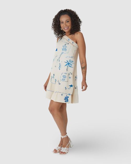 Vestido Feminino Estampado Decote Ombro Só Em Tecido Texturizado