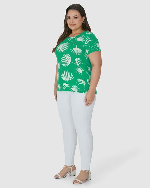Blusa Feminina Plus Size Manga Curta Folhagem Em Viscose Stretch