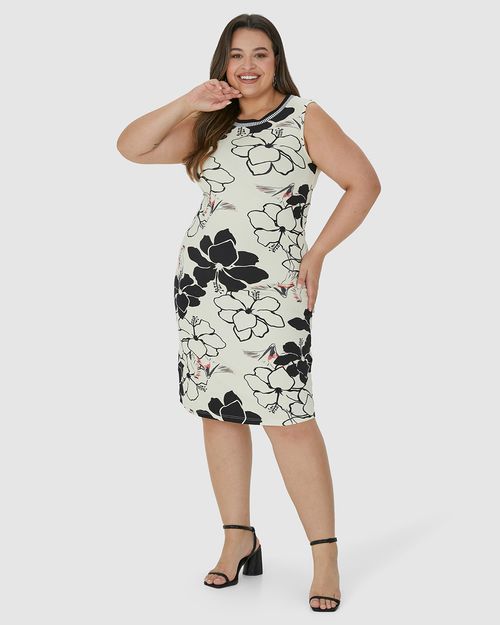 Vestido Feminino Plus Size Gola Retilínea Estampado Em Viscose Stretch
