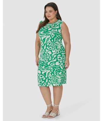 Vestido Feminino Plus Size Gola Retilínea Estampado Em Viscose Stretch