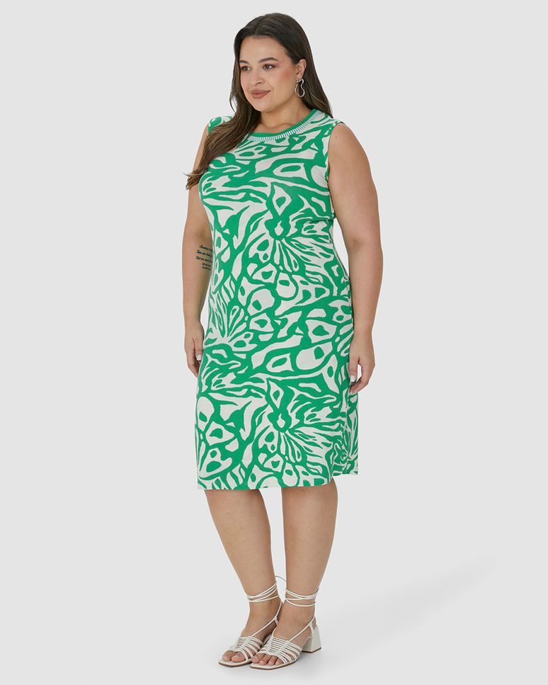 Vestido Feminino Plus Size Gola Retilínea Estampado Em Viscose Stretch