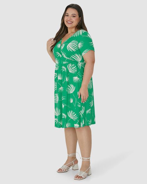 Vestido Feminino Plus Size Transpassado Folhagem Em Viscose Stretch