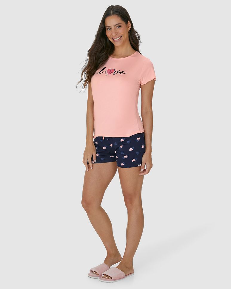Pijama Feminino Shorts Estampada Com Cadarço Em Viscose Stretch