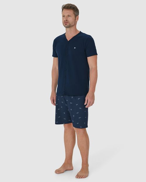 Pijama Masculino Camiseta Abotoamento Frontal Em Algodão