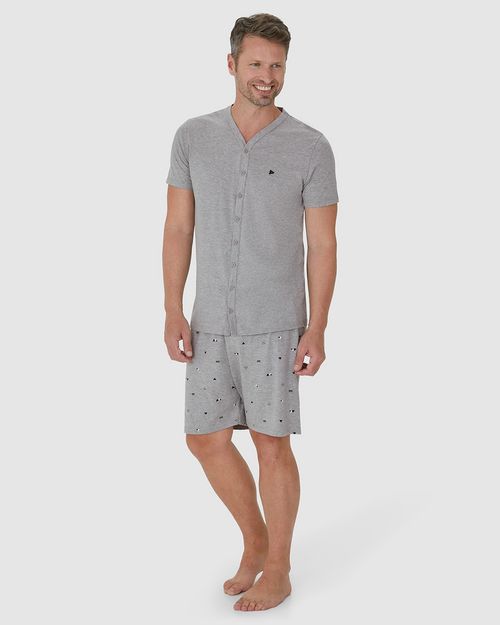 Pijama Masculino Camiseta Abotoamento Frontal Em Algodão