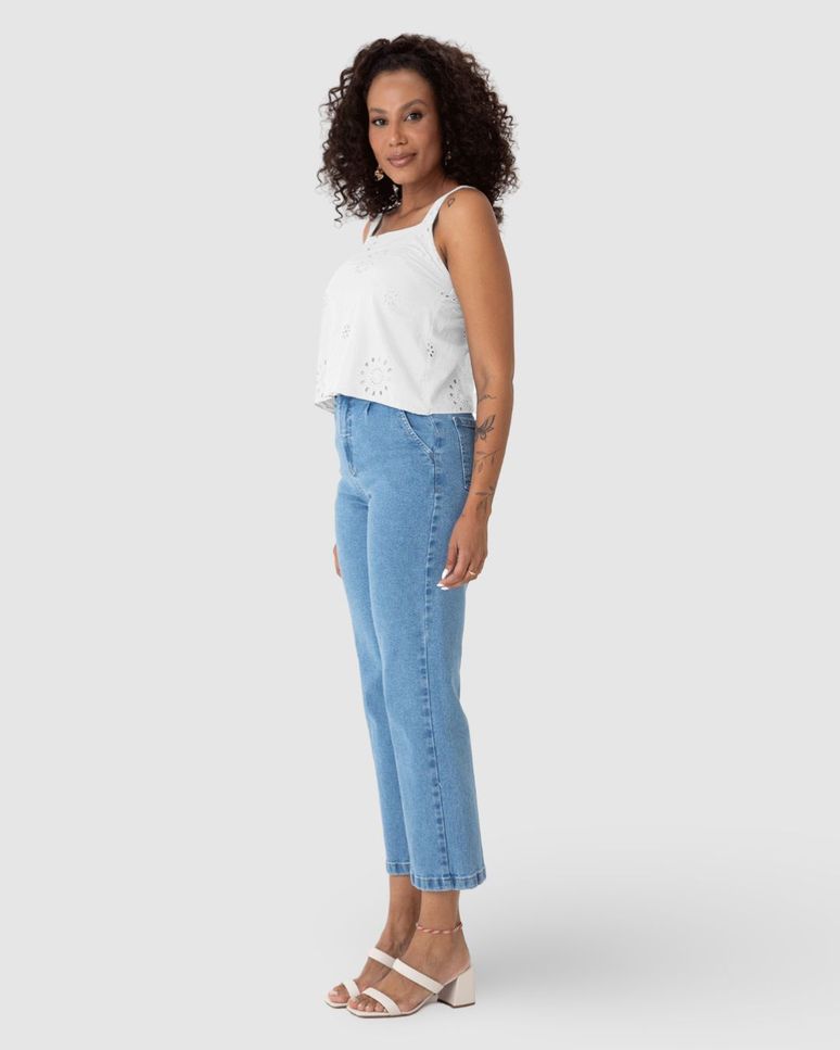 Regata Cropped Feminina Decote Reto Em Laise Algodão