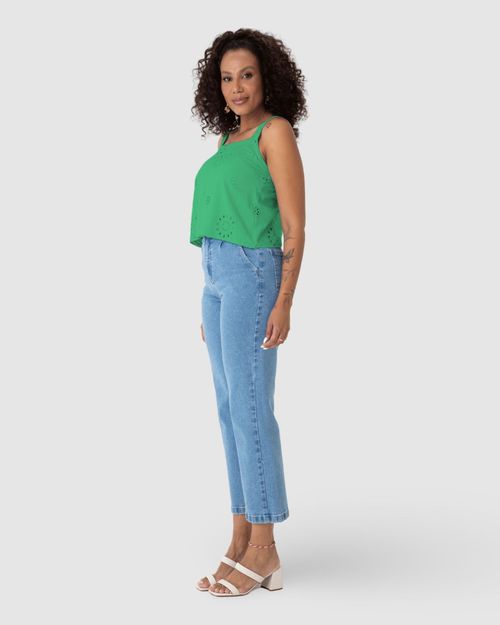 Regata Cropped Feminina Decote Reto Em Laise Algodão
