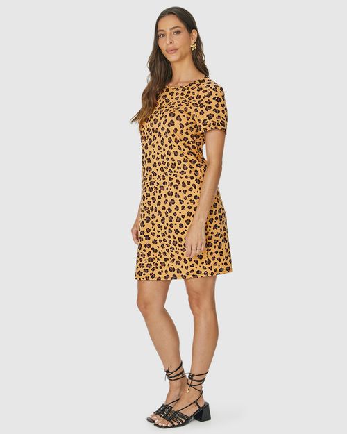 Vestido Feminino Estampa Animal Print Com Decote Redondo Em Algodão