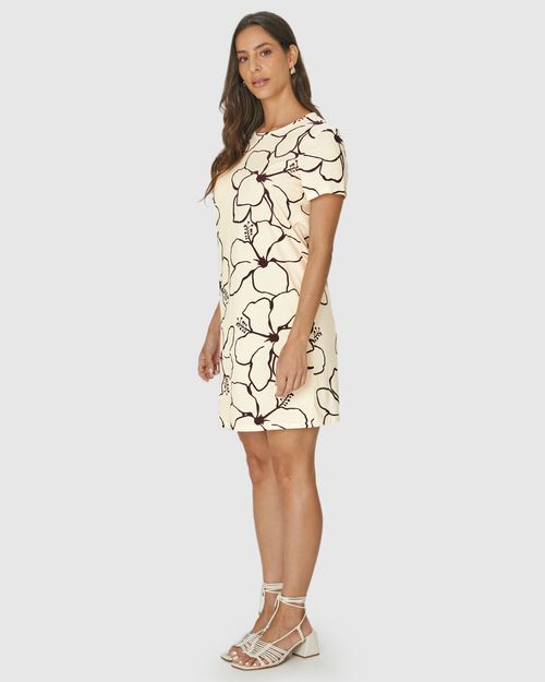 Vestido Feminino Estampado Com Decote Redondo Em Algodão
