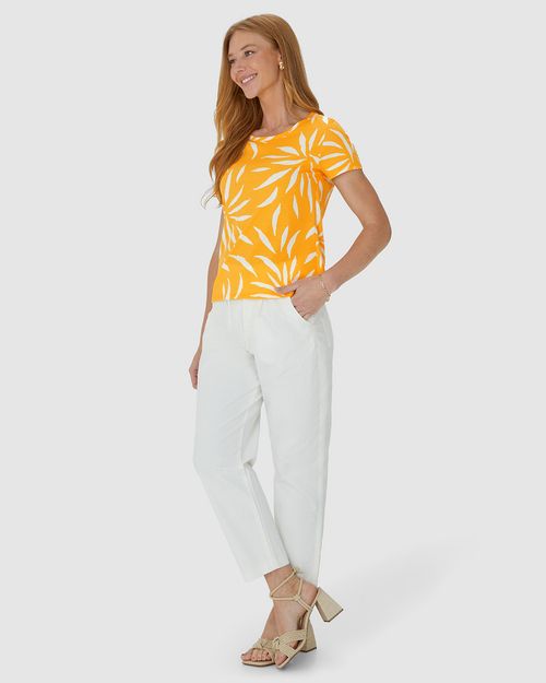 Blusa Feminina Decote Redondo Folhagem Em Algodão