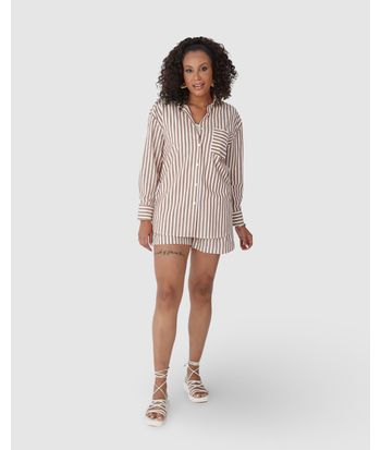 Camisa Ampla Feminina Listrada Bolso Frontal Em Algodão