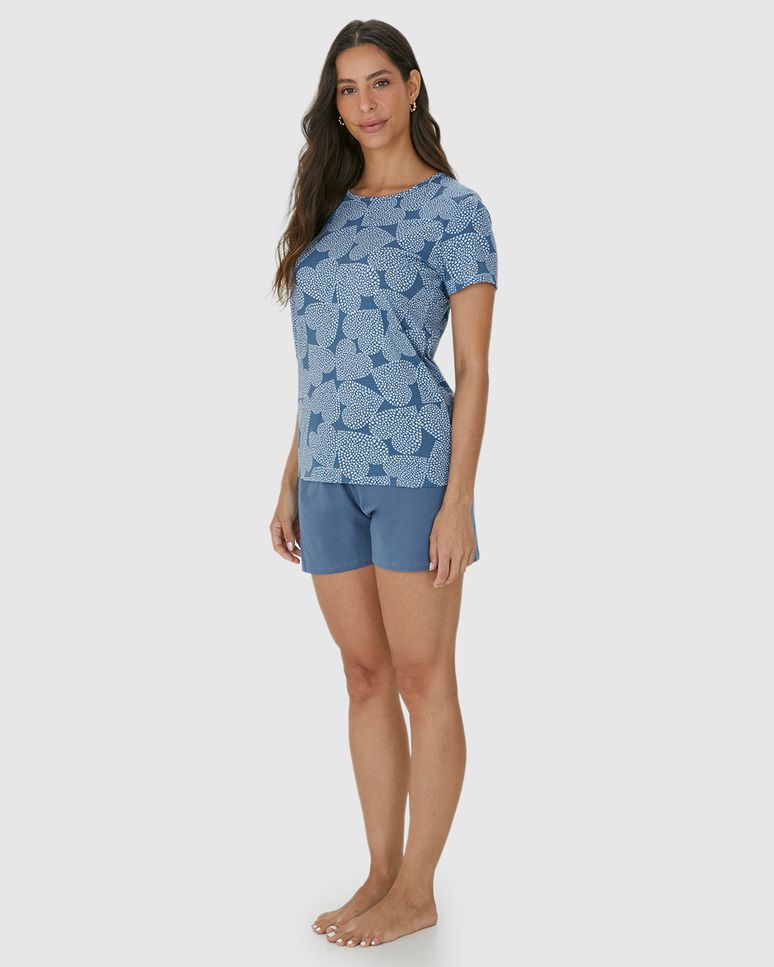 Pijama Feminino Manga Curta Estampa Corações Em Algodão