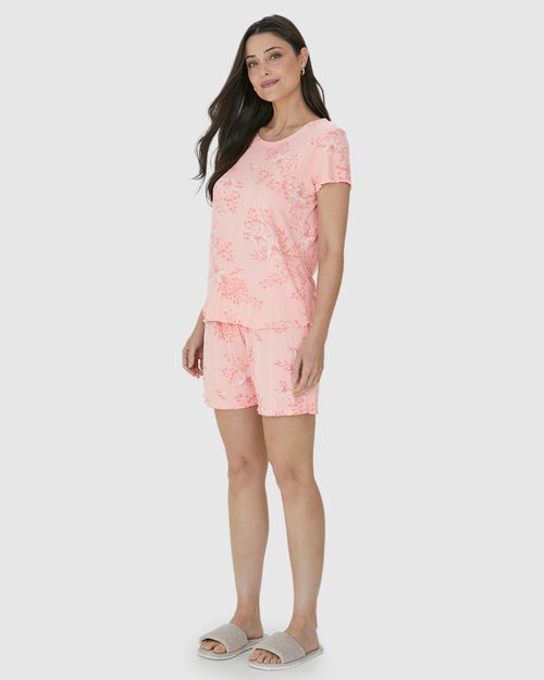 Pijama Feminino Estampado Com Barra Picot Em Malha Viscose Canelada