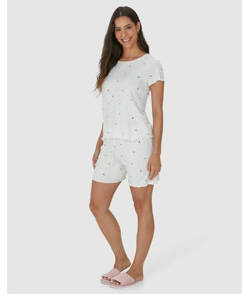 Pijama Feminino Estampado Com Barra Picot Em Malha Viscose Canelada