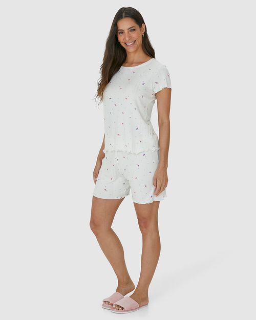 Pijama Feminino Estampado Com Barra Picot Em Malha Viscose Canelada