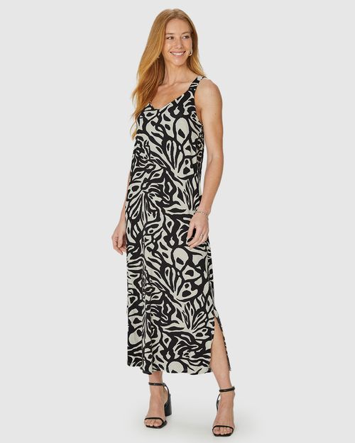 Vestido Midi Feminino Estampado Decote V Em Malha Viscolinho Stretch