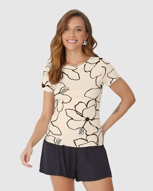 Blusa Feminina Estampada Com Picot Em Canelado De Viscose