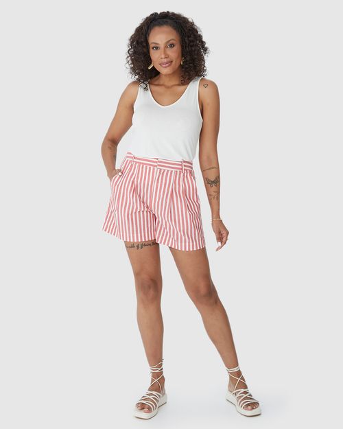 Shorts Feminino Listrado Bolso Lateral Em Algodão