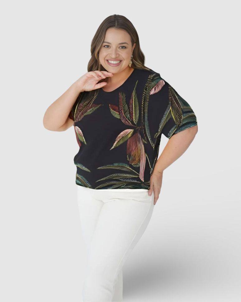 Blusa Feminina Plus Size Box Estampa Digital Em Viscose Stretch