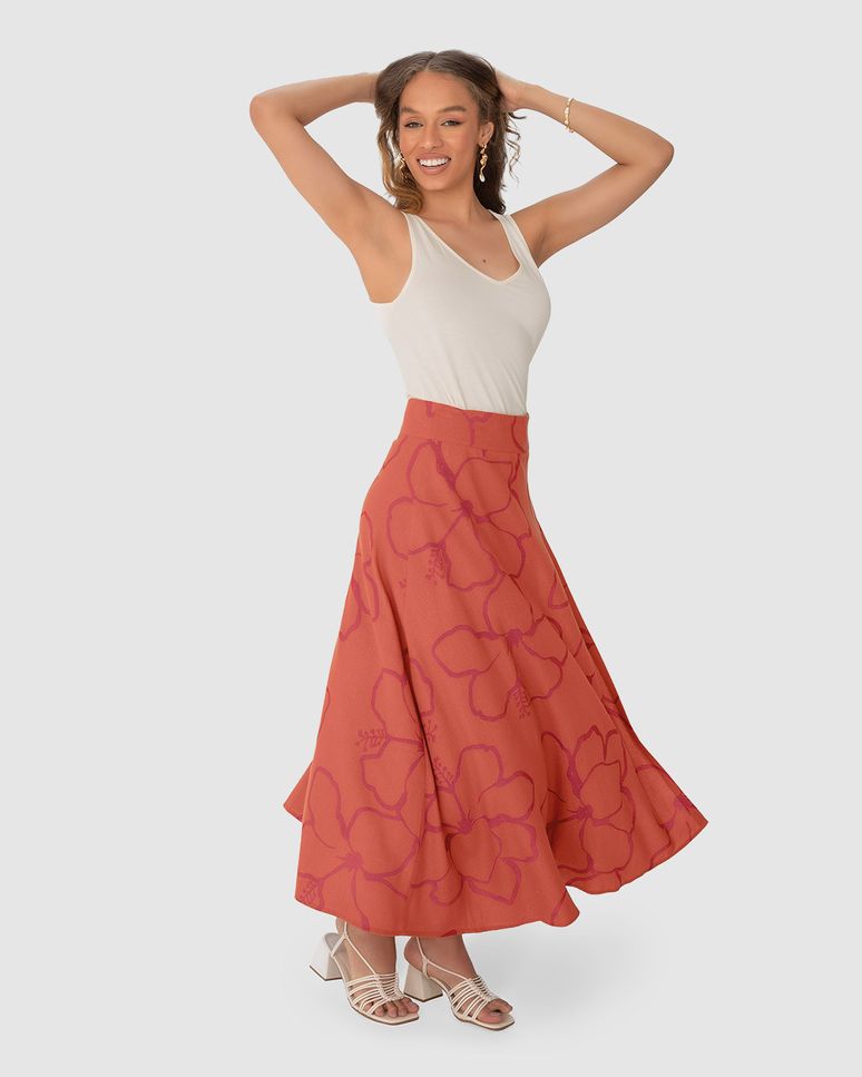 Saia Midi Feminina Estampada Fivela Lateral Em Viscolinho