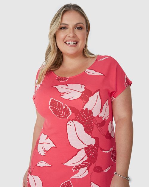 Vestido Feminino Plus Size Estampa Folhagem Em Viscose Stretch