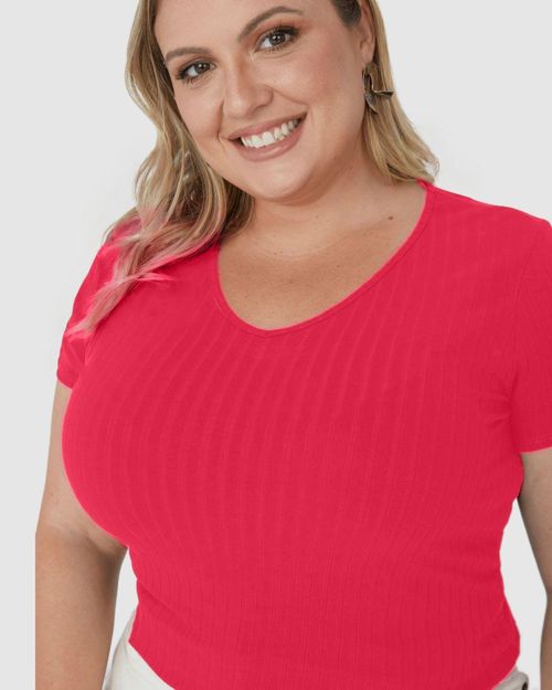 Blusa Básica Feminina Plus Size Decote V Em Canelado De Viscose