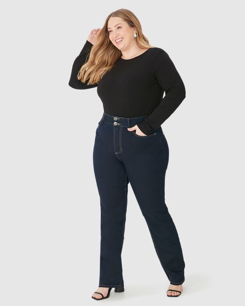 Calça Feminina Plus Size Reta Cintura Média Em Flex Jeans