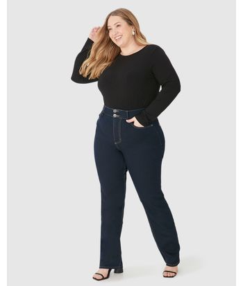 Calça Feminina Plus Size Reta Cintura Média Em Flex Jeans