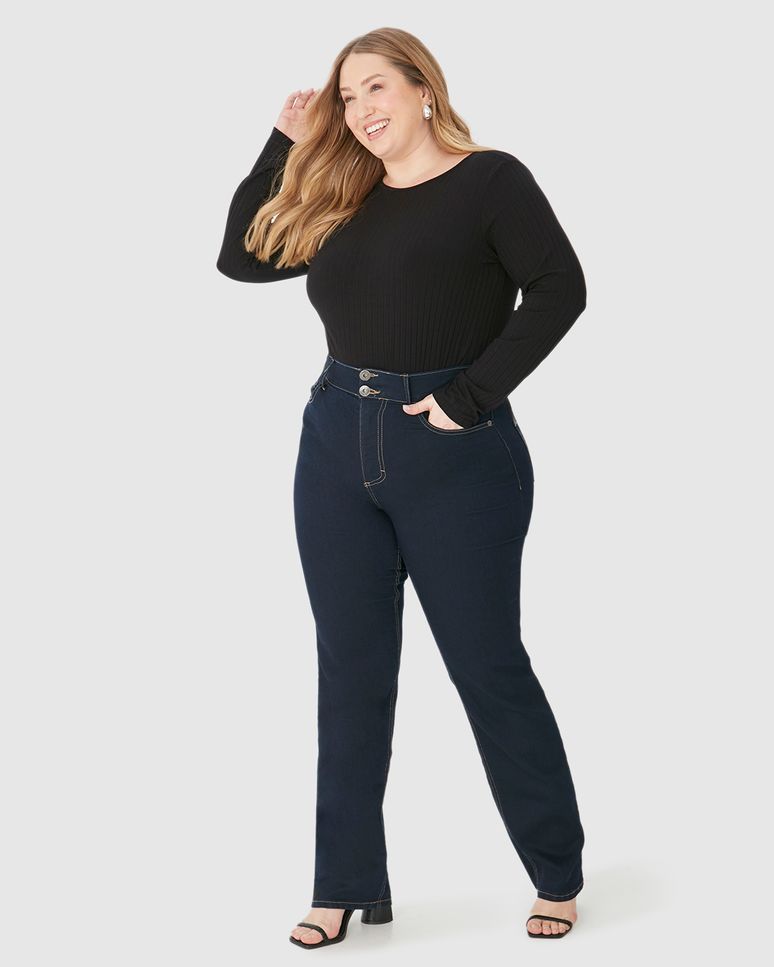 Calça Feminina Plus Size Reta Cintura Média Em Flex Jeans