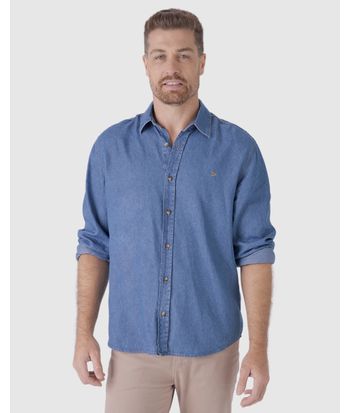 Camisa Masculina Tradicional Manga Longa Em Jeans Leve Soft
