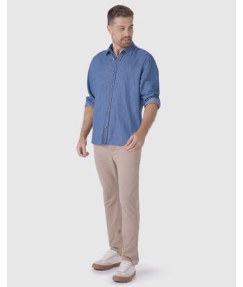 Camisa Masculina Tradicional Manga Longa Em Jeans Leve Soft