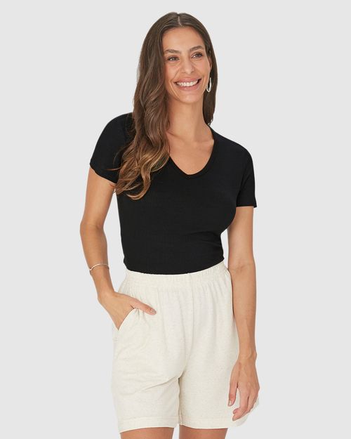 Blusa Básica Feminina Decote V Em Malha Canelada