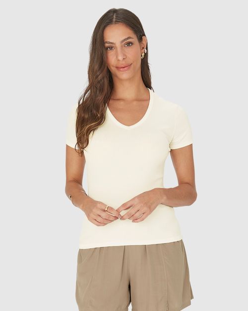 Blusa Básica Feminina Decote V Em Malha Canelada