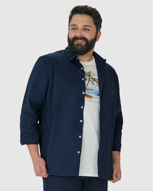 Camisa Básica Masculina Plus Size Manga Longa Em Tricoline