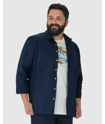 Camisa Básica Masculina Plus Size Manga Longa Em Tricoline