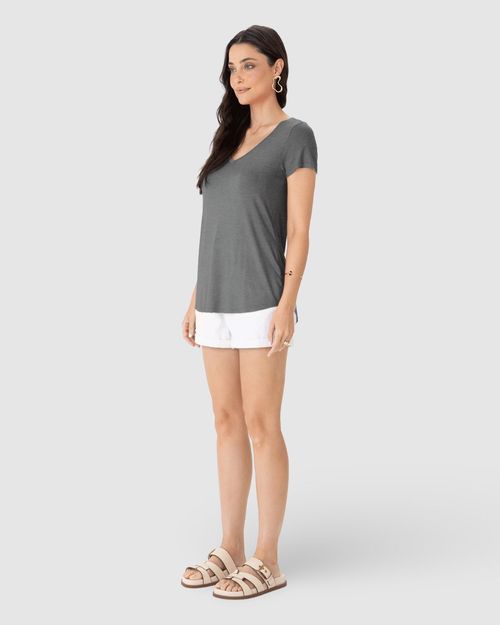 Blusa Básica Feminina Mullet Decote V Em Viscose Stretch