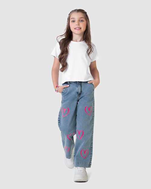 Calça Infantil Menina Wide Leg Desenho Corações Em Jeans Moletom Malwee Kids