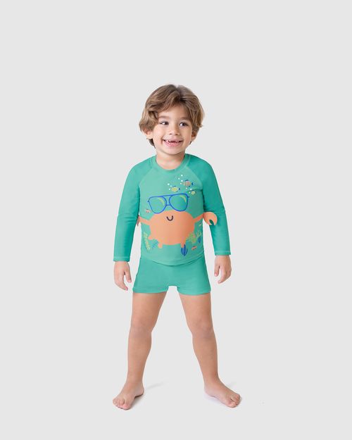 Camiseta Praia Infantil Unissex Com Aplique Manga Longa Malha UV50+ Malwee Kids