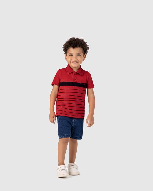 Camisa Polo Infantil Menino Listras Frontais Em Algodão Malwee Kids