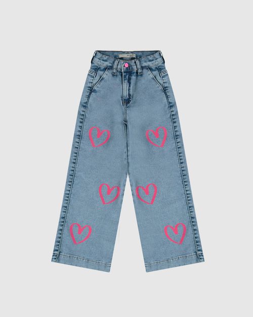 Calça Infantil Menina Wide Leg Desenho Corações Em Jeans Moletom Malwee Kids