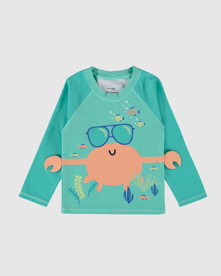 Camiseta Praia Infantil Unissex Com Aplique Manga Longa Malha UV50+ Malwee Kids