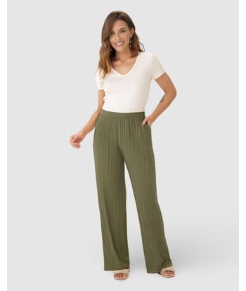 Calça Wide Leg Feminina Cintura Alta Em Malha Canelada De Viscose