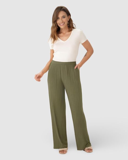 Calça Wide Leg Feminina Cintura Alta Em Malha Canelada De Viscose