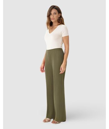 Calça Wide Leg Feminina Cintura Alta Em Malha Canelada De Viscose