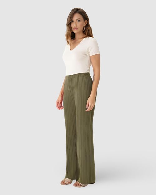 Calça Wide Leg Feminina Cintura Alta Em Malha Canelada De Viscose